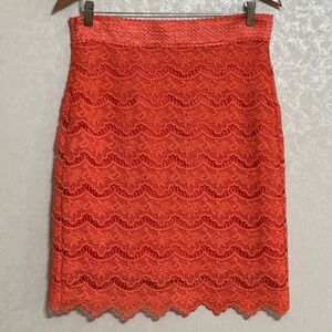 Hemline Mom Coral Orange Floral Lace Scalloped Hem Pencil Skirt Coquette Fairy M